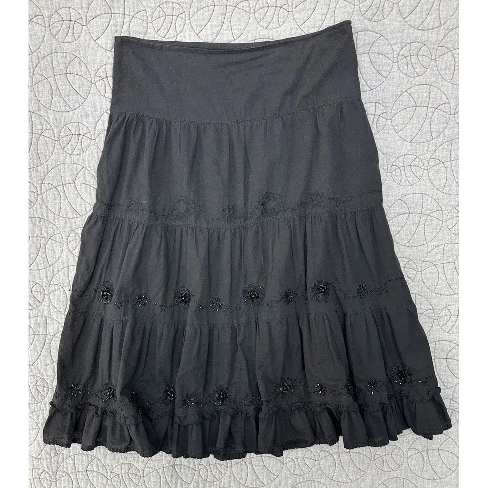 Y2K YS USA Whimsy Goth Black Floral Beaded Cotton Skirt Size XL Whimsigoth